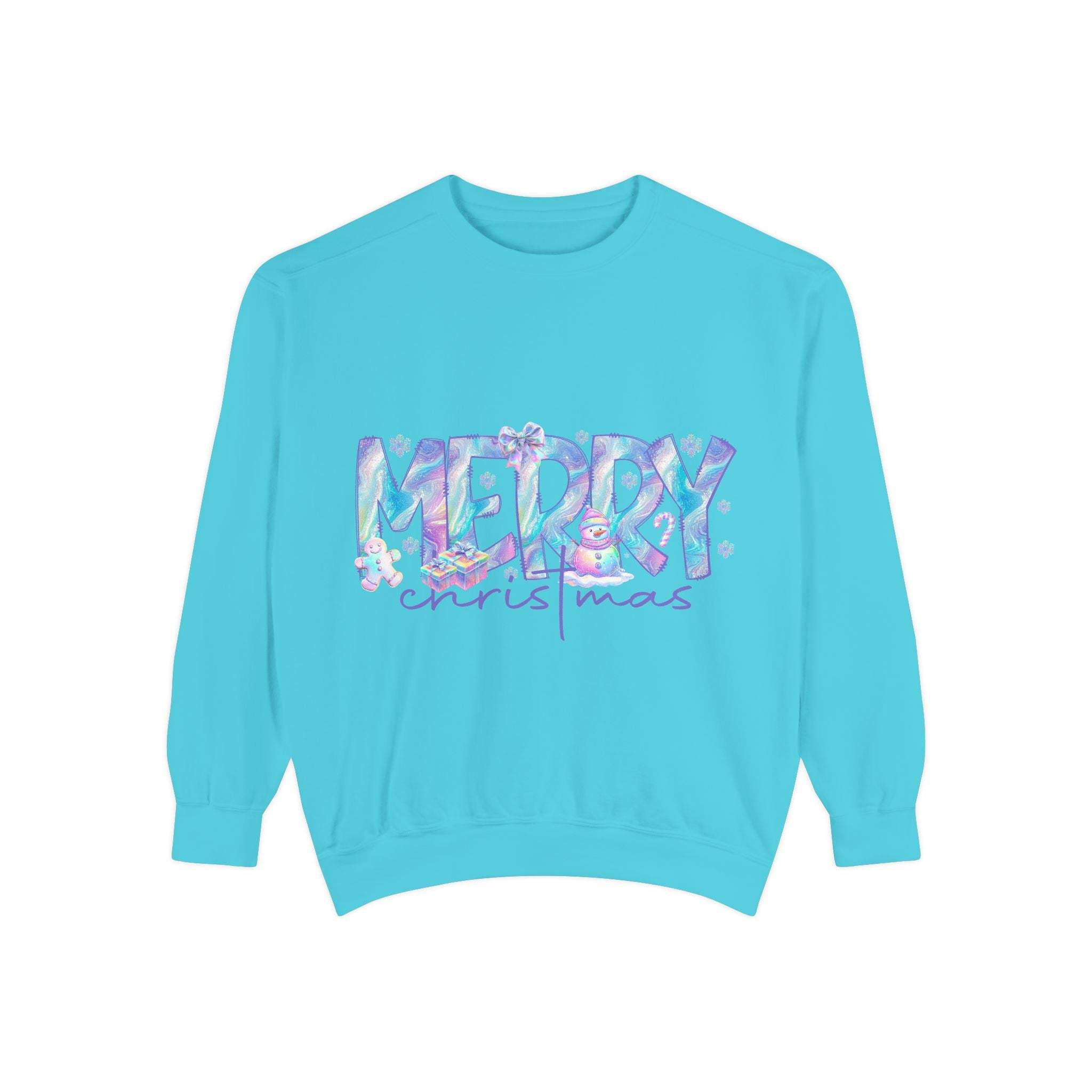 Blue unisex sweatshirt with iridescent Merry Christmas design and relaxed fit