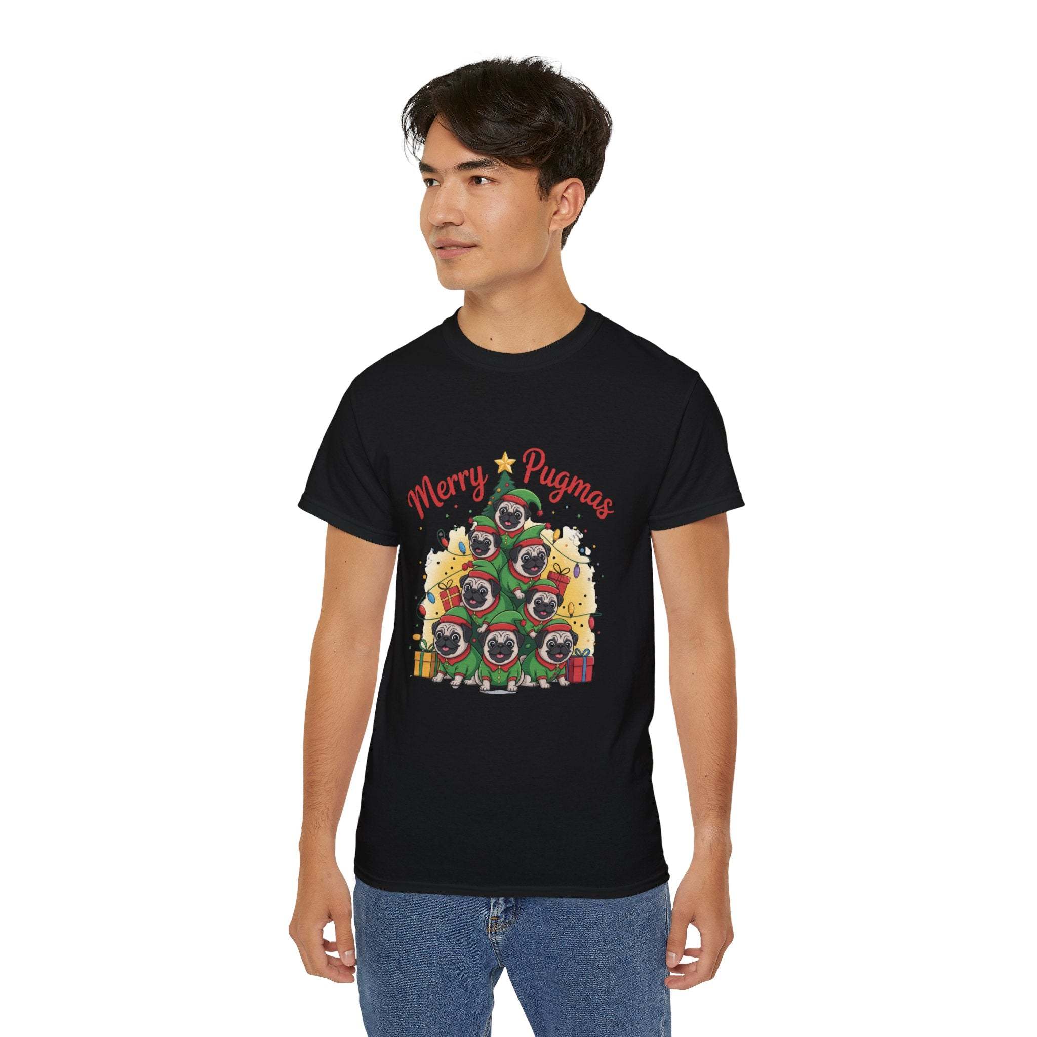 Black Merry Pugmas holiday t-shirt from Printify, featuring festive pug design for dog lovers.