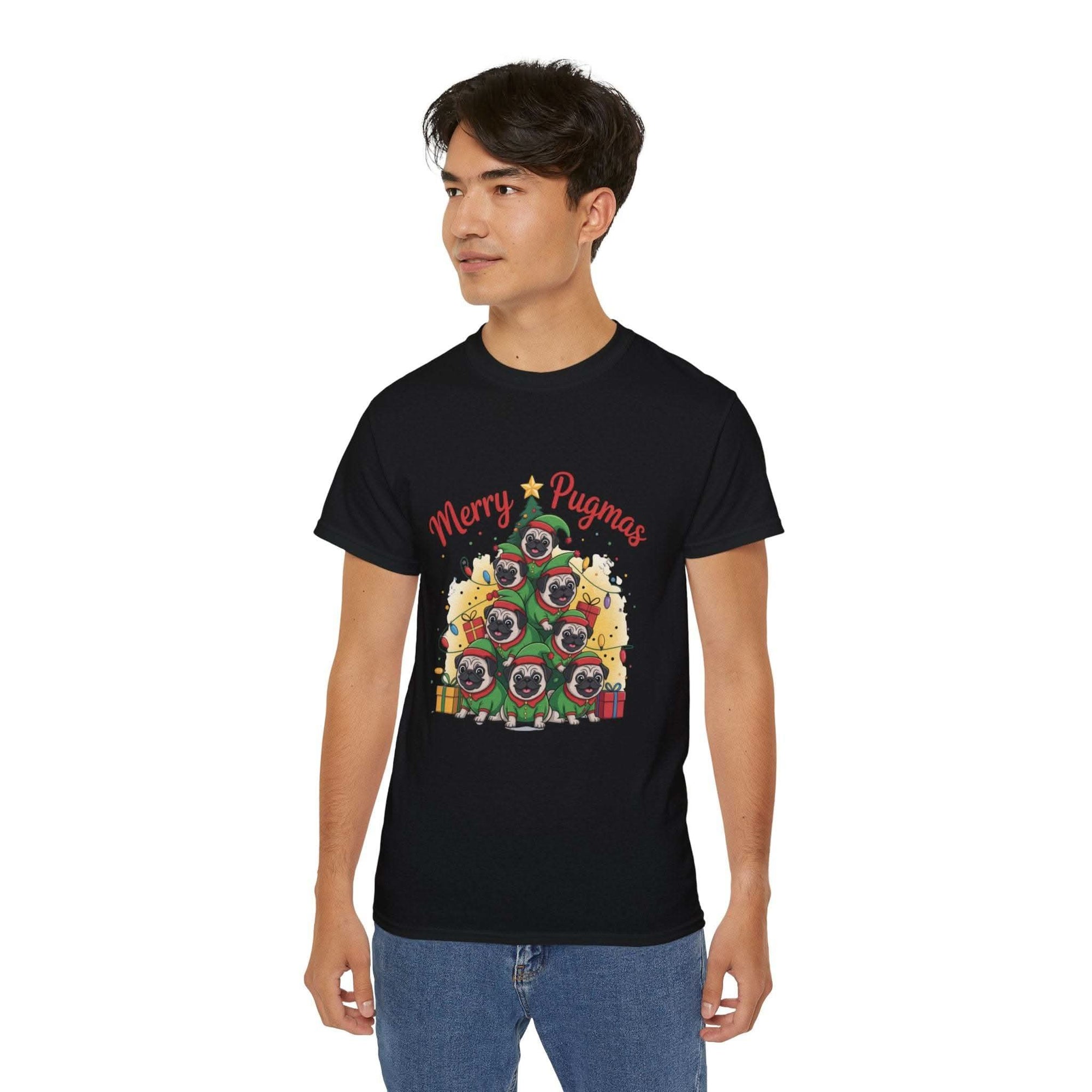 Black Merry Pugmas holiday t-shirt from Printify, featuring festive pug design for dog lovers.