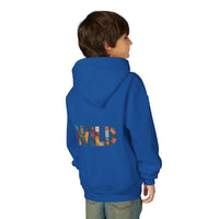Child wearing blue Patchwork Wild Word Hoodie with colorful "WILD" text on the back and kangaroo pocket