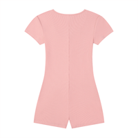 Woman wearing a women's ribbed tie-waist cape romper with a scoop neckline and short sleeves in a fitted Y2K athleisure style