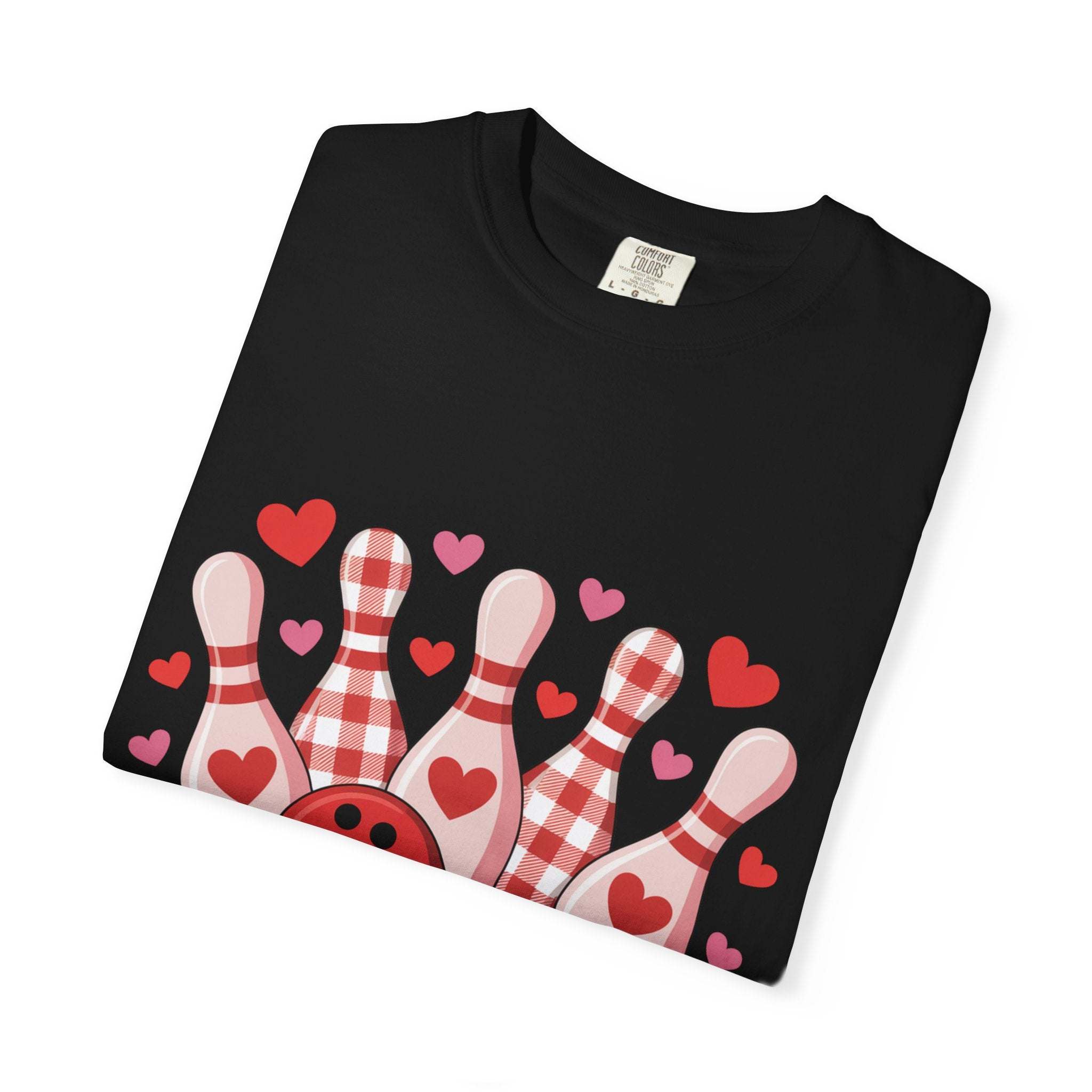 Garment-dyed Bowling Hearts Tshirt with tiny heart and bowling pin design on soft heavyweight cotton
