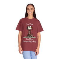 Woman wearing maroon cat t-shirt with "It’s Fine, I’m Fine, Everything’s Fine" text and small cat illustration