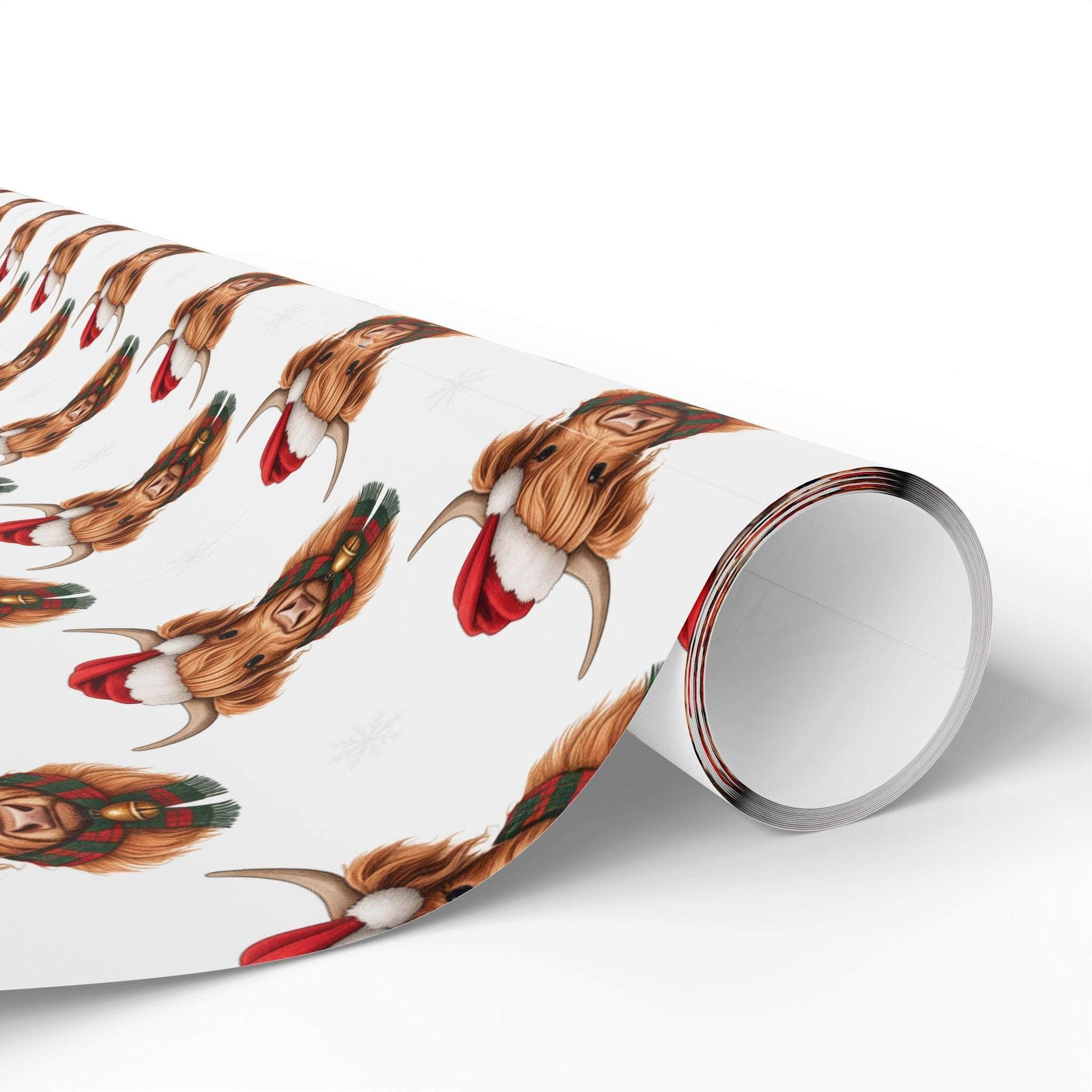 Santa Highland Cows themed gift wrapping papers with festive design on thick fine art paper