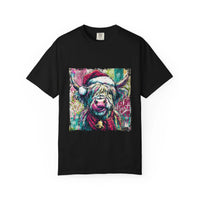 Black Retro Santa Highland Cow T-shirt with colorful festive design on front in relaxed cotton fit