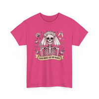 Bride skull illustration tee with skeleton bride, roses, champagne flutes, and "Good brides say bad words" banner on white cotton shirt