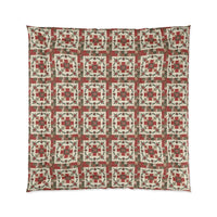 Rustic Patchwork Christmas Comforter with worn plaids and leather tones on cozy holiday bedding