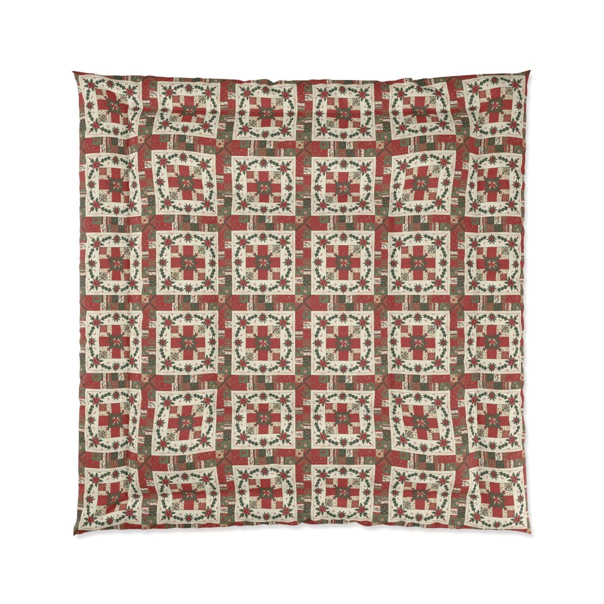 Rustic Patchwork Christmas Comforter with worn plaids and leather tones on cozy holiday bedding