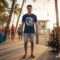 Man wearing navy Surfing Santa T-shirt at beach with Christmas decorations