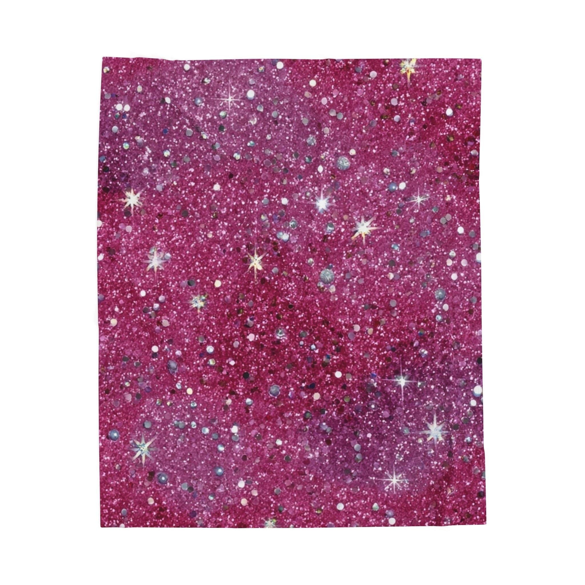 Starry pink velveteen plush blanket with sparkling galaxy design, cozy and durable polyester fabric.
