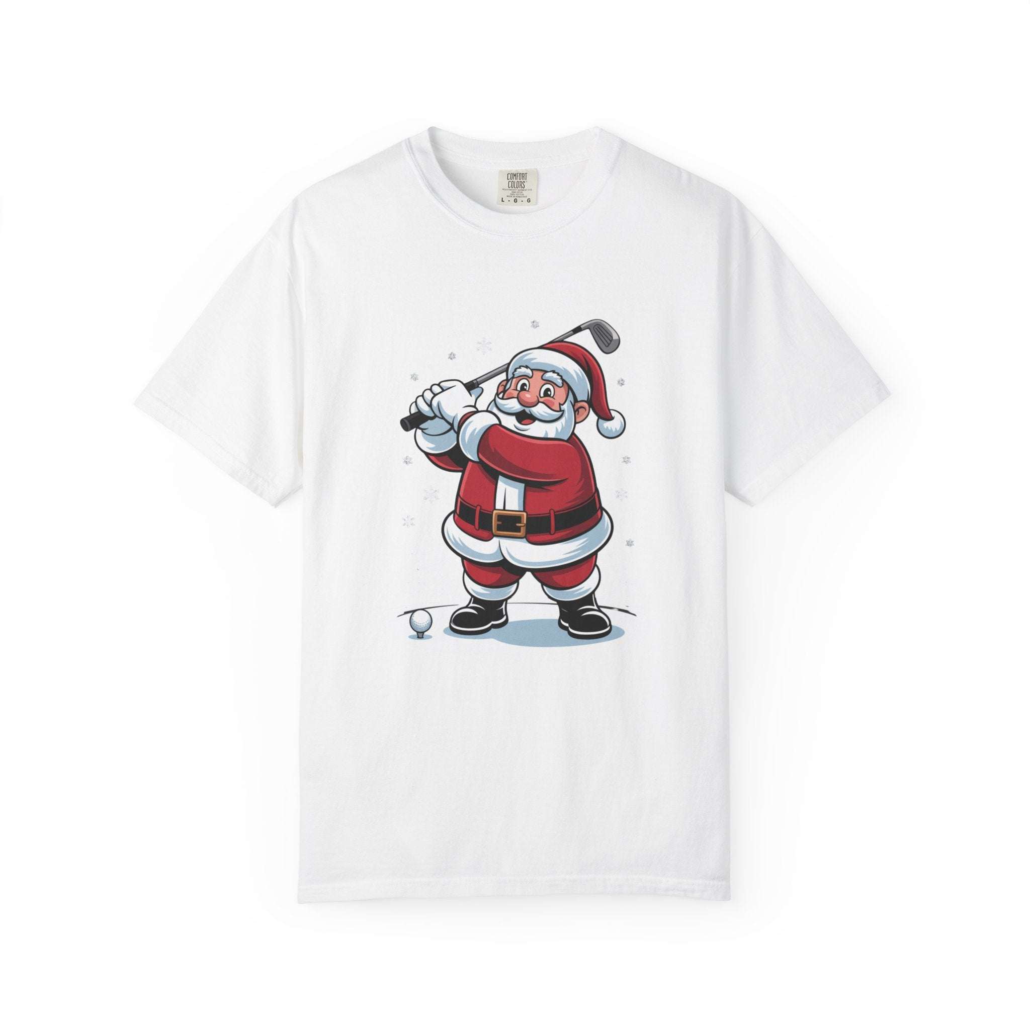 True Navy Santa golfing unisex t-shirt with festive design by Printify