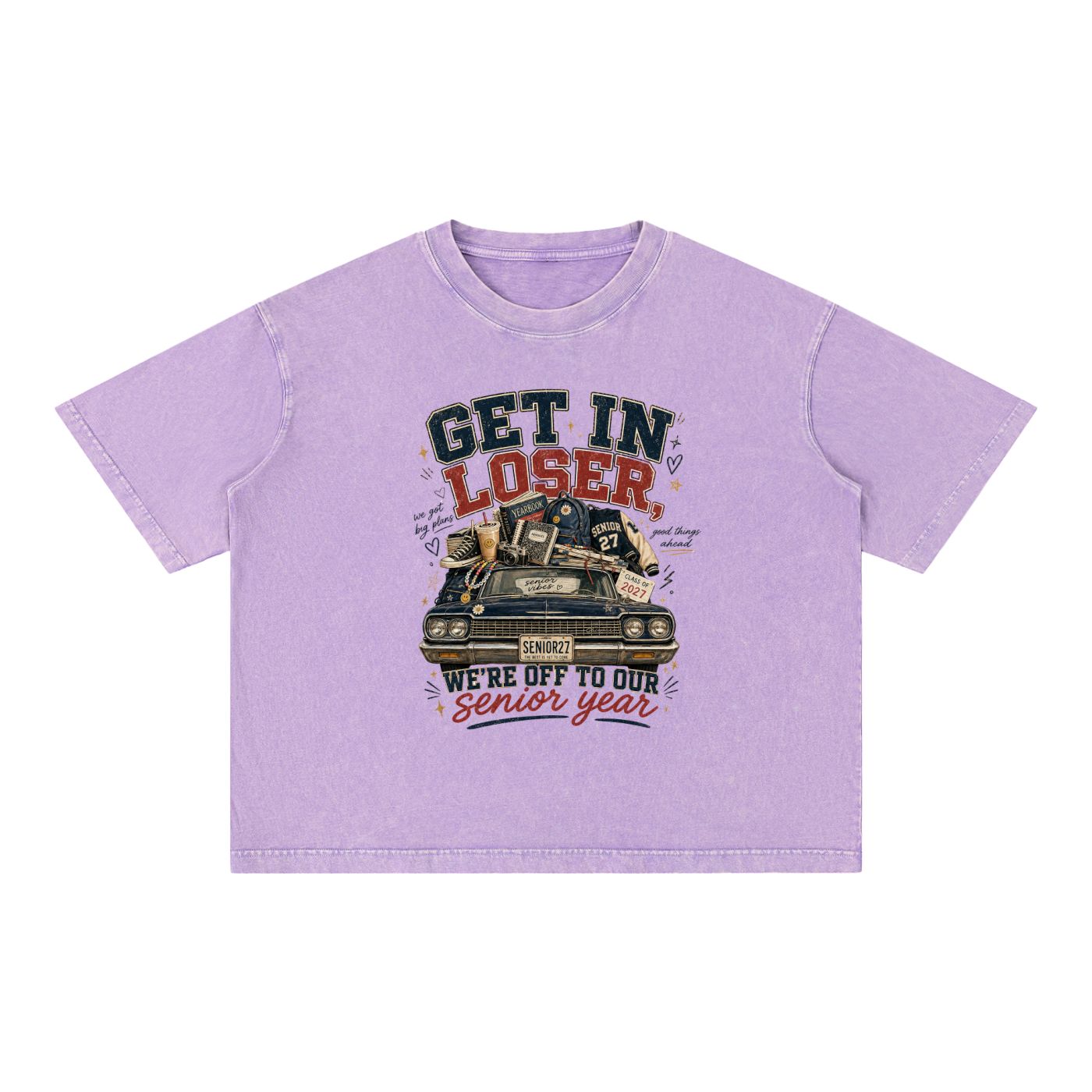 Mineral wash oversized boxy cotton t-shirt with senior year 2027 graphic design