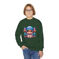 Child wearing green Moody Girl Highland Cow sweatshirt with playful cartoon cow design on front