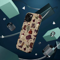 Cowboy Christmas design phone case for iPhone 17 in glossy finish by Printify, featuring festive colors and patterns.