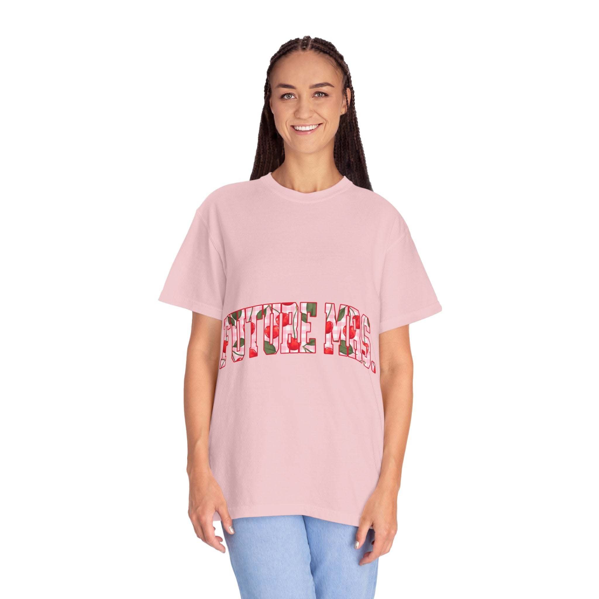 Future Mrs Cherry T-Shirt in muted colors for brides-to-be, soft cotton, relaxed fit, casual bridal wear