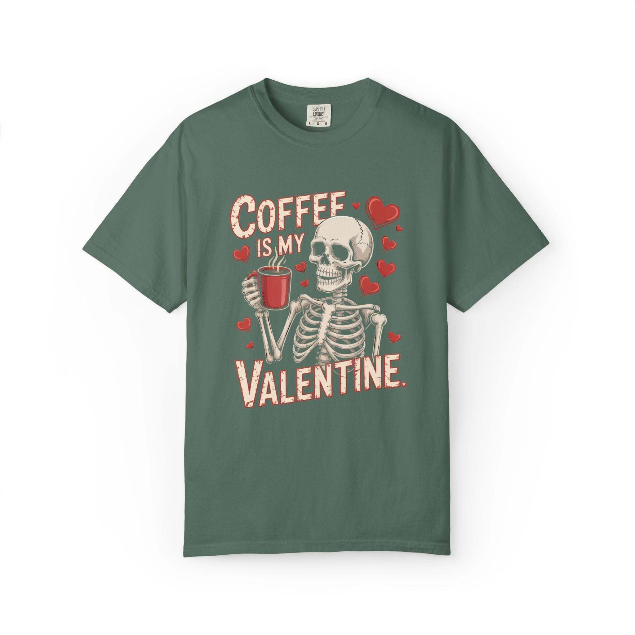Coffee Is My Valentine skeleton graphic on vintage-washed relaxed fit T-shirt