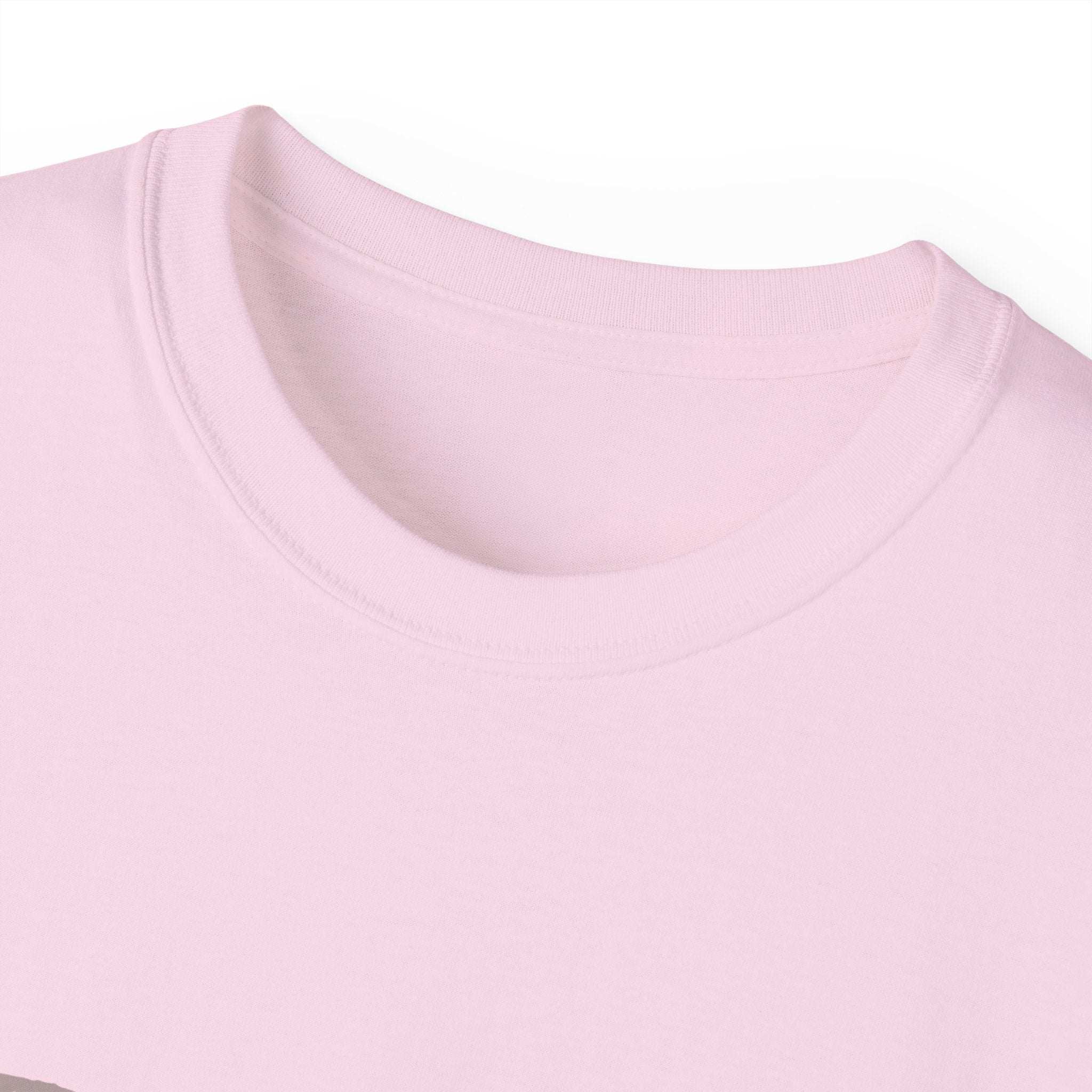Close-up of light pink Sparkle Queen T-Shirt neckline with distressed sparkle design for fashionistas