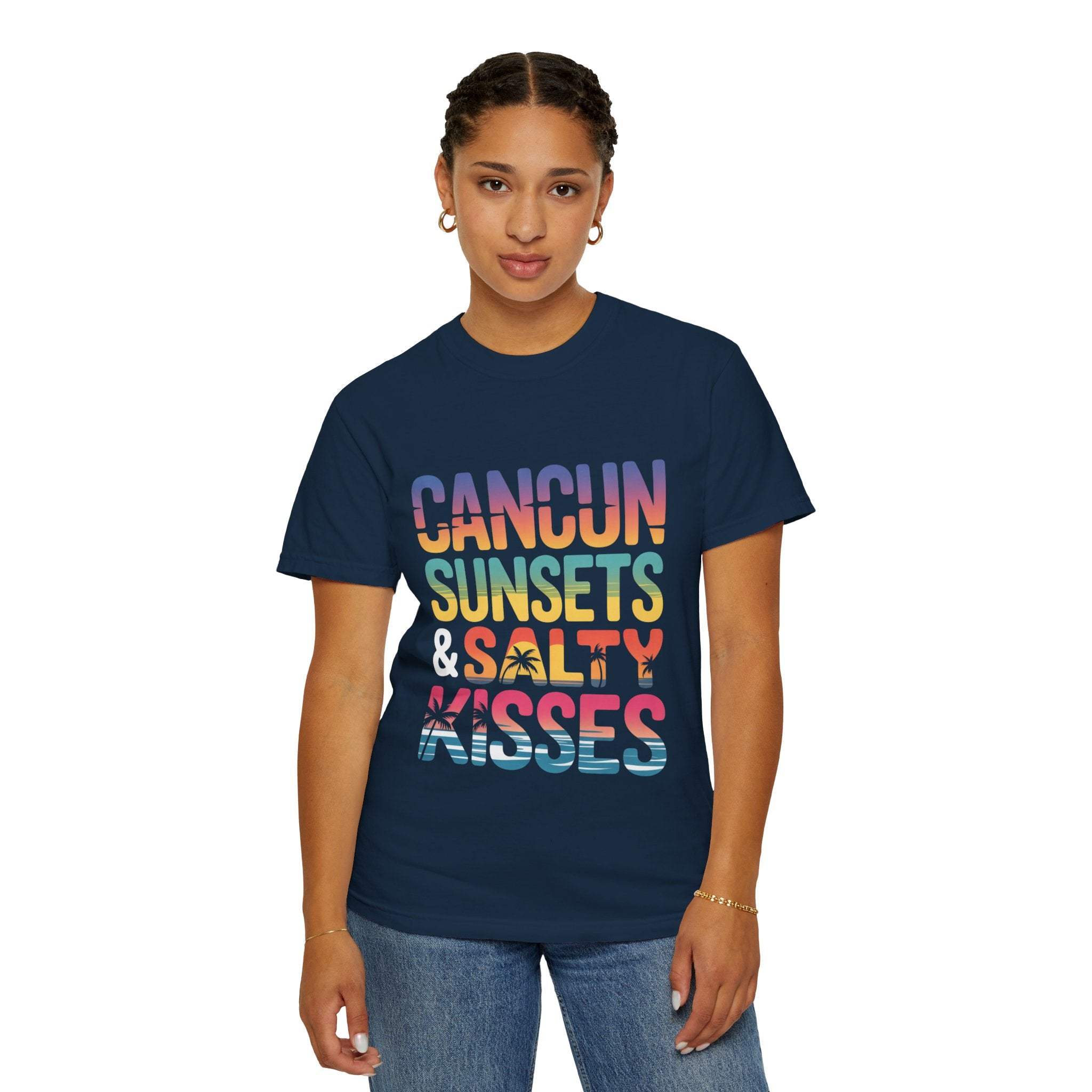 Woman wearing navy Cancun Sunsets and Salty Kisses tropical beach vacation t-shirt with colorful text design