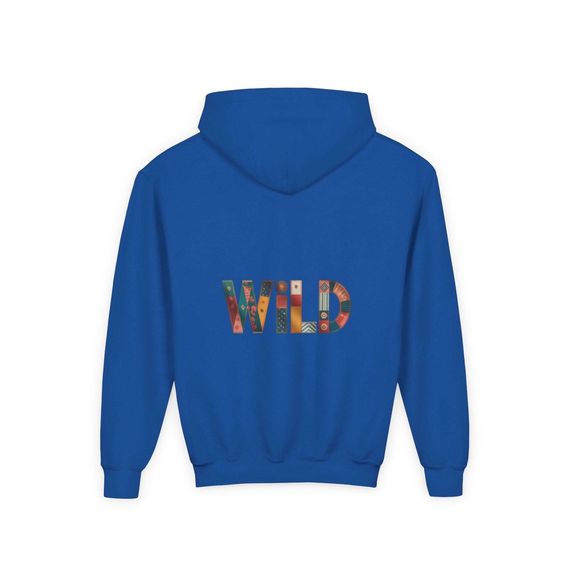 Blue Patchwork Wild Word Hoodie with colorful embroidered "WILD" text on back and kangaroo pocket for kids
