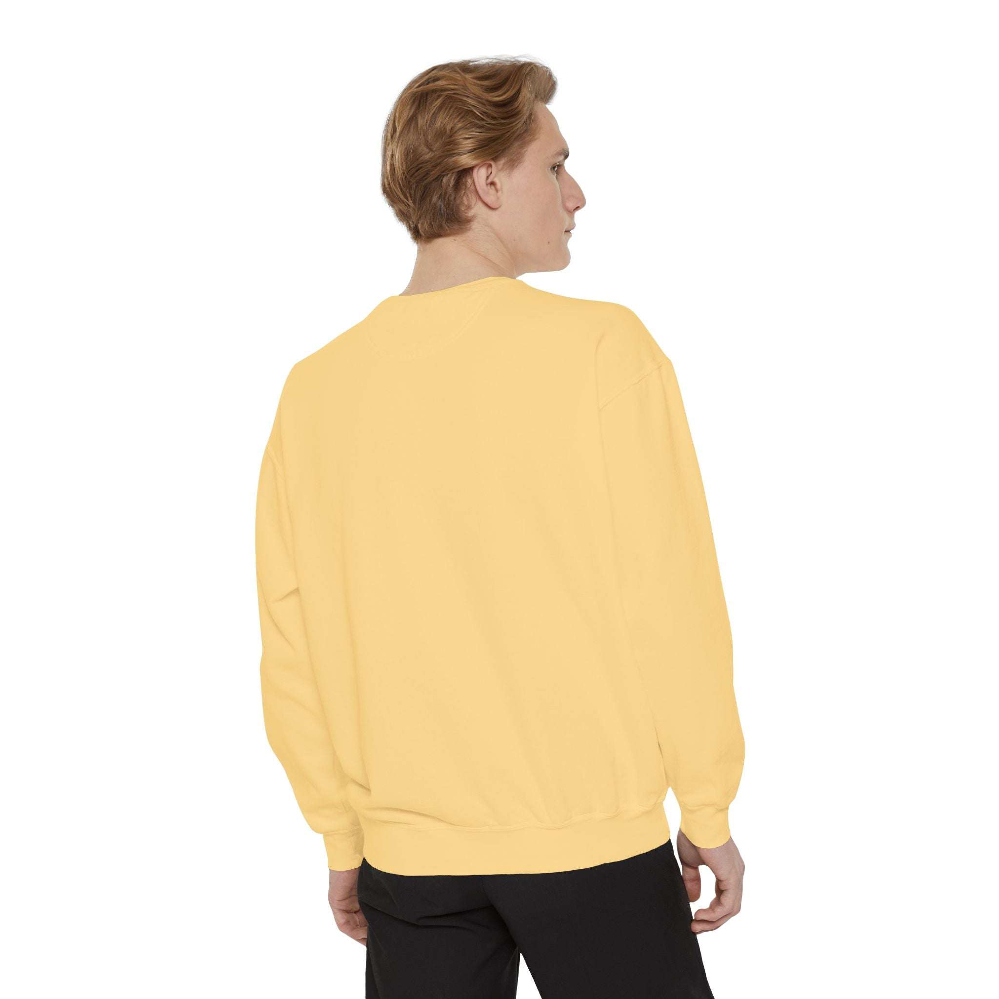 Back view of man wearing plain yellow cozy sweatshirt for holiday comfort