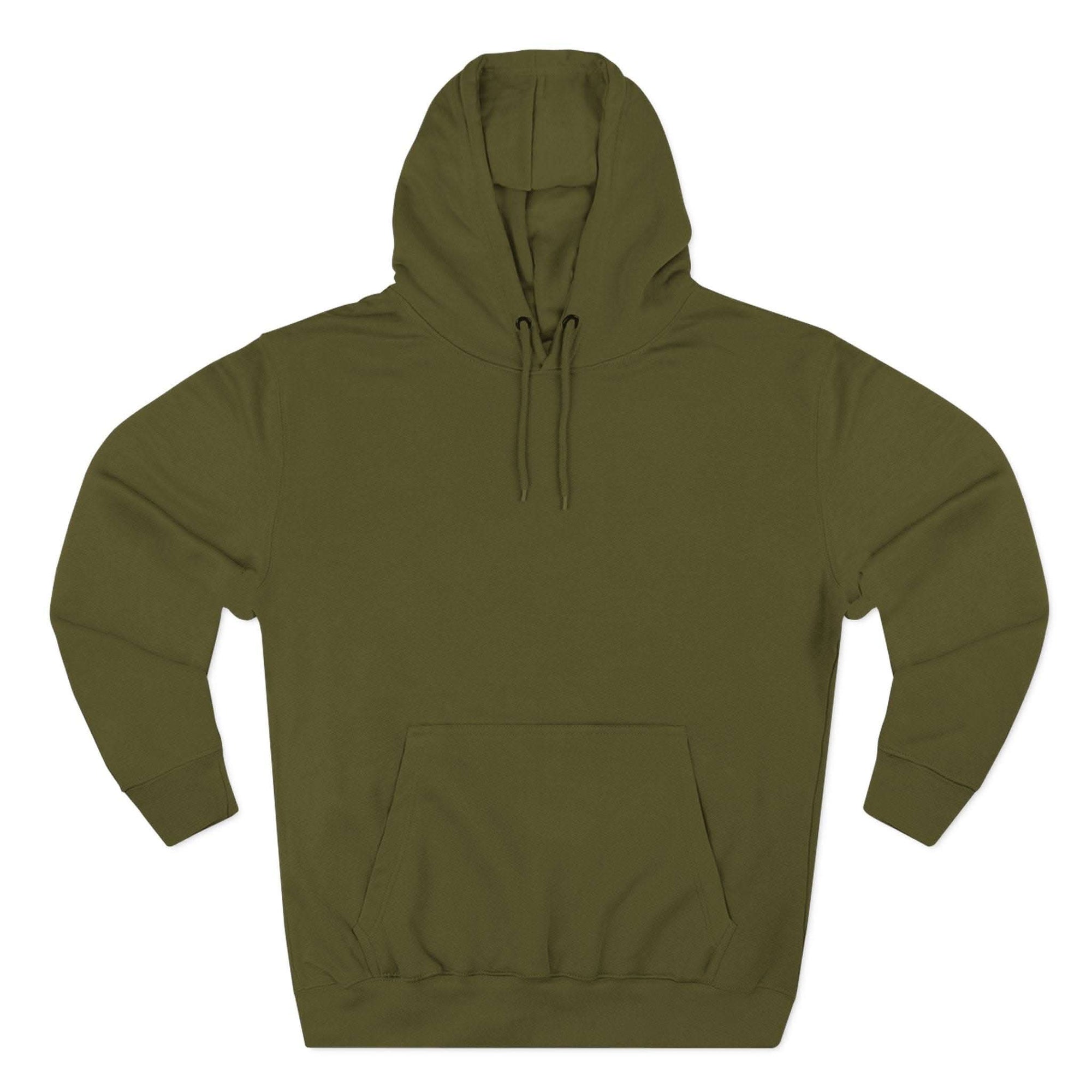 Olive green fleece hoodie with adjustable hood and kangaroo pocket
