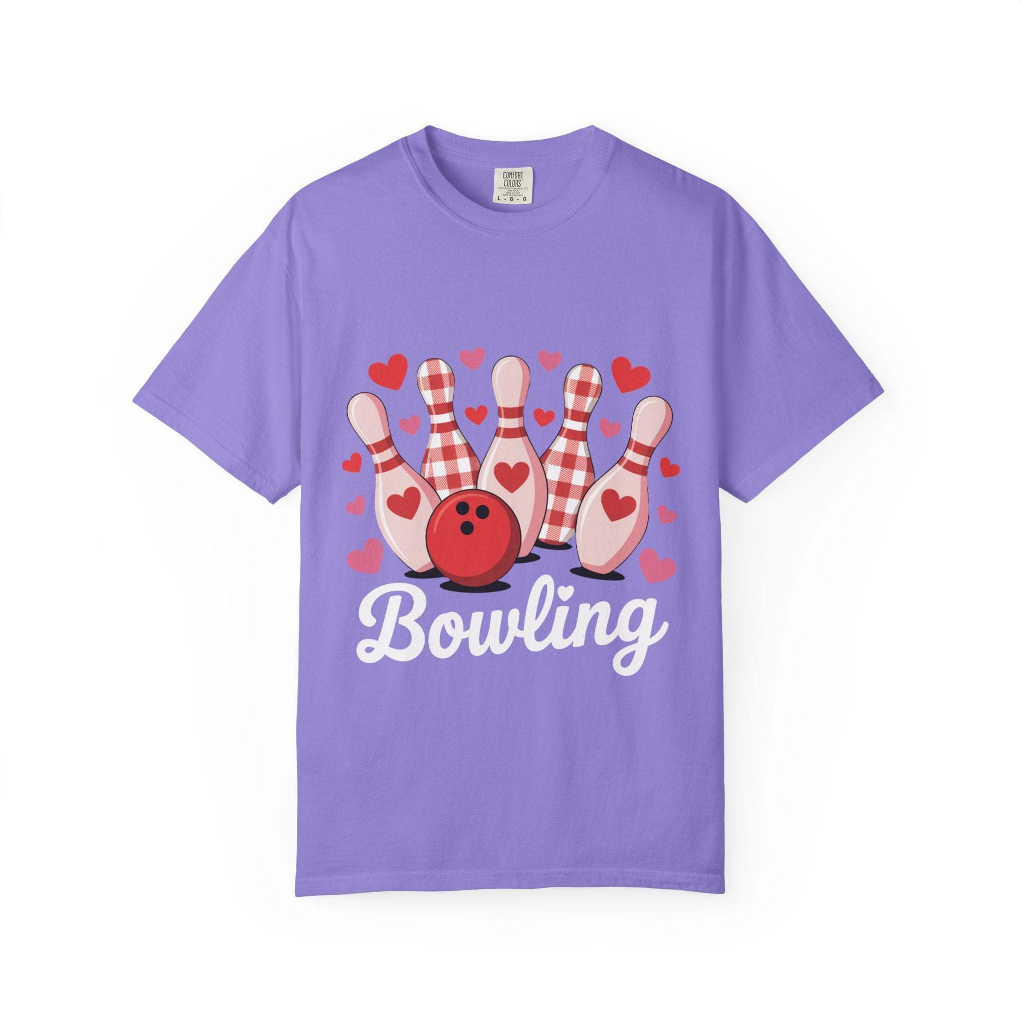Valentine's Bowling Hearts Tshirt with tiny hearts and curved bowling pin design on heavyweight cotton