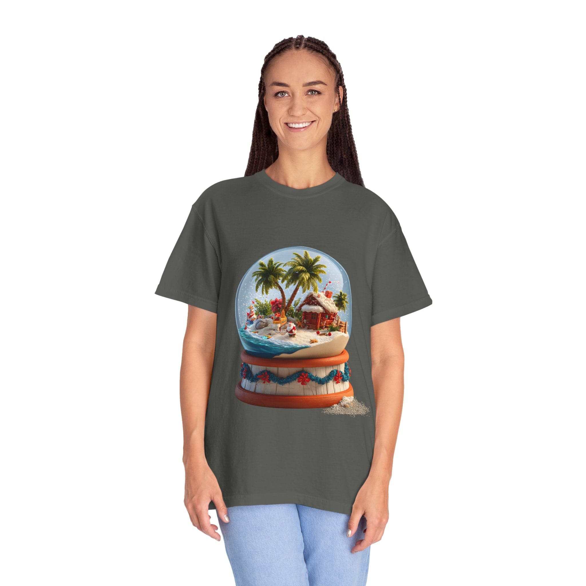 Woman wearing Tropical Snow Globe T-shirt with beach and palm tree design on gray cotton fabric