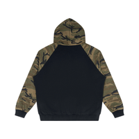 A hooded sweatshirt shown from the back, featuring a solid black back panel and camouflage-print sleeves and hood.