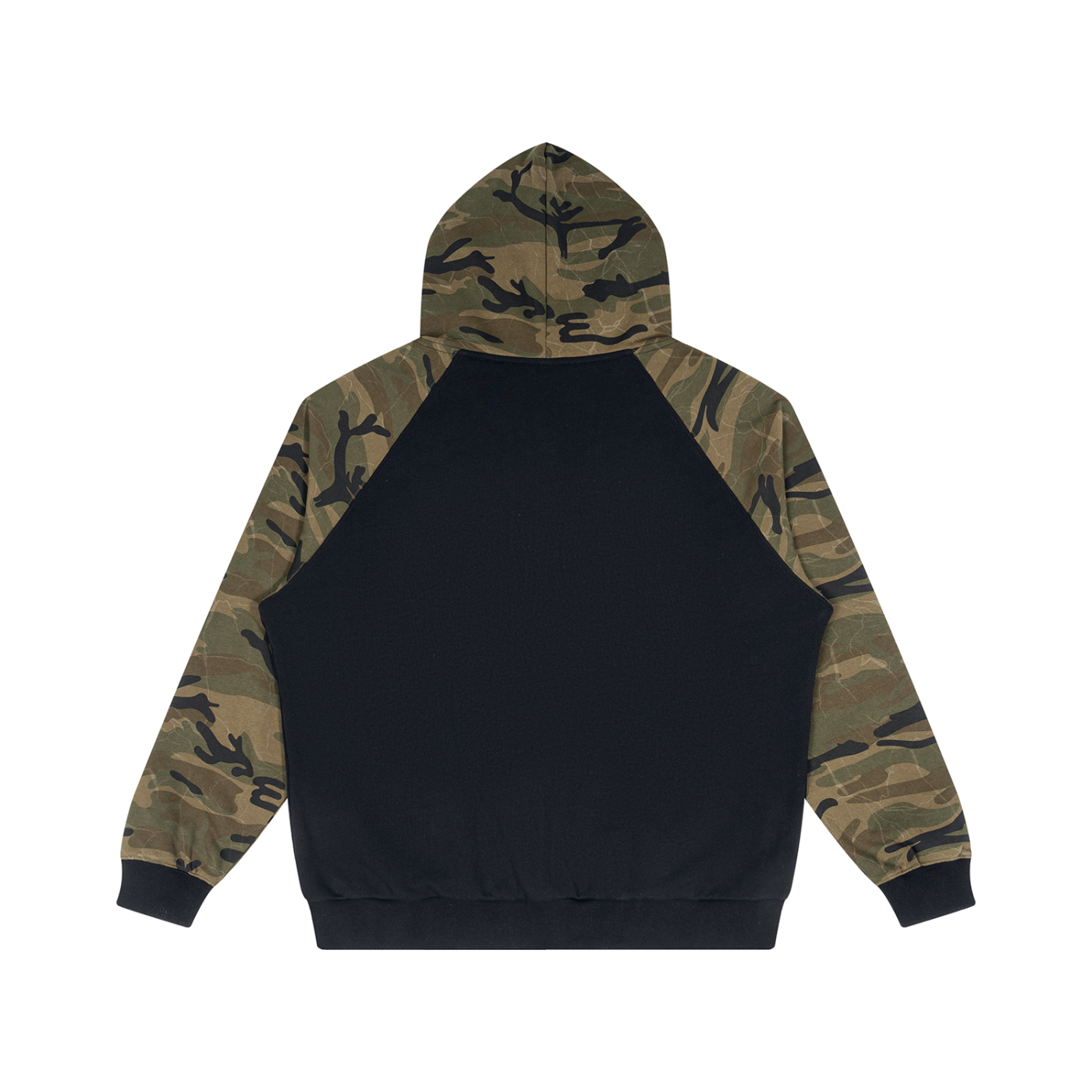 A hooded sweatshirt shown from the back, featuring a solid black back panel and camouflage-print sleeves and hood.