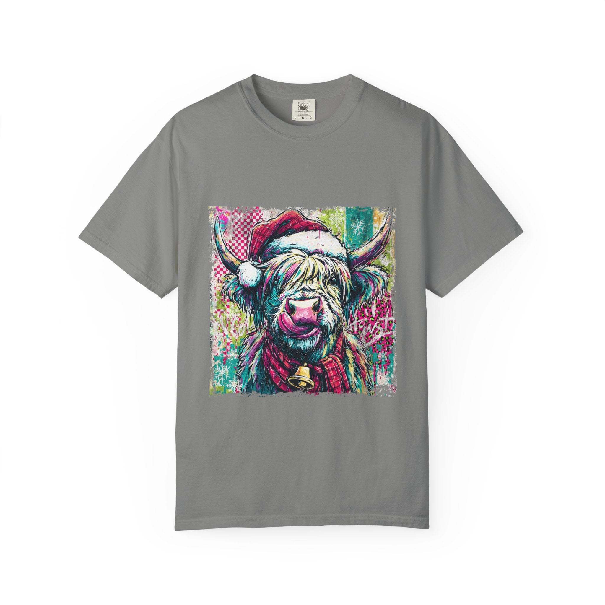 Grey t-shirt with colorful retro Santa Highland Cow graphic design
