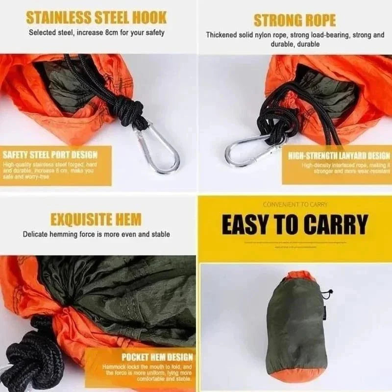 Portable single person outdoor camping hammock with nylon parachute fabric and stainless steel hooks, easy to carry with storage bag