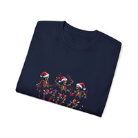 White Christmas Dancing Skeletons t-shirt by Printify, festive design perfect for holiday celebrations