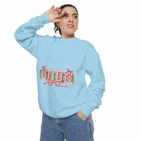 Garment-dyed True Navy sweatshirt with festive Christmas design, perfect for holiday gifting, by Printify