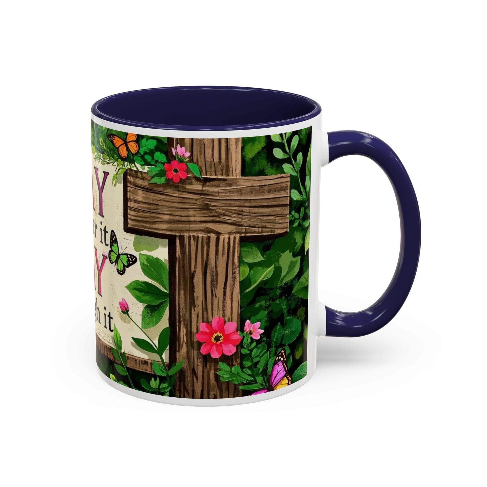 Mug with cross design, flowers, and butterflies on a white background