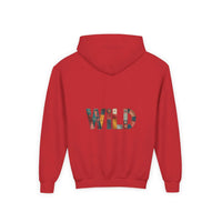 Red Patchwork Wild Word Hoodie with colorful embroidered "WILD" text on back and kangaroo pocket
