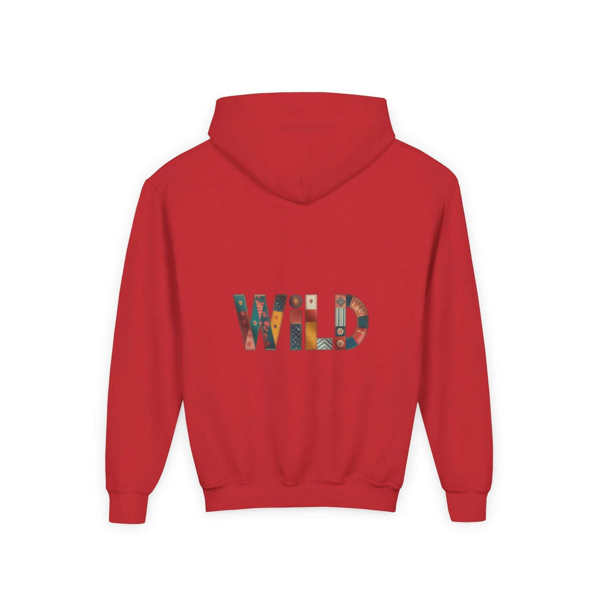 Red Patchwork Wild Word Hoodie with colorful embroidered "WILD" text on back and kangaroo pocket