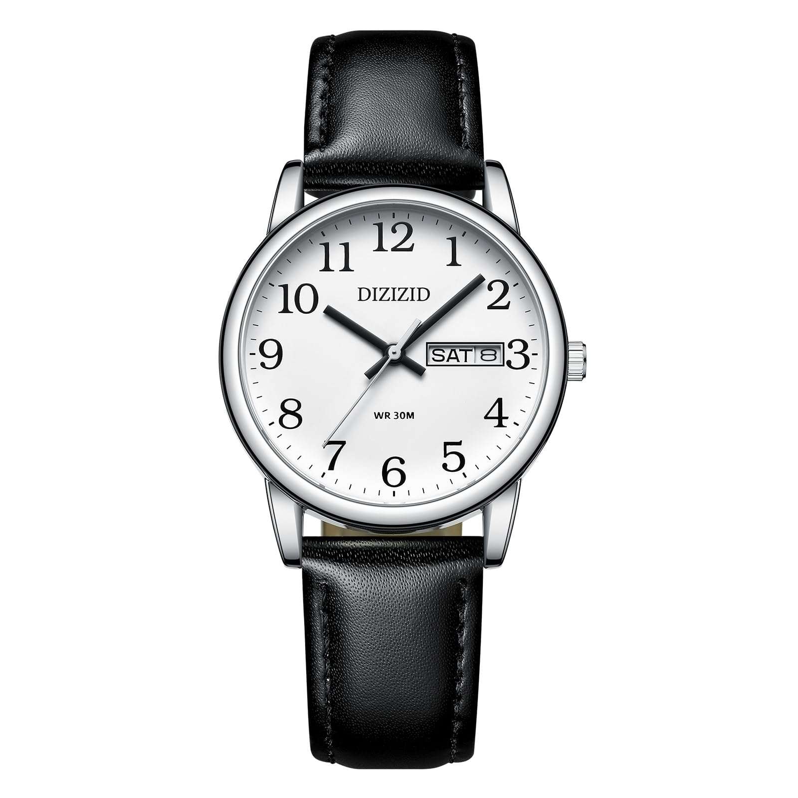 Mens watch with leather band and analog dial displaying time
