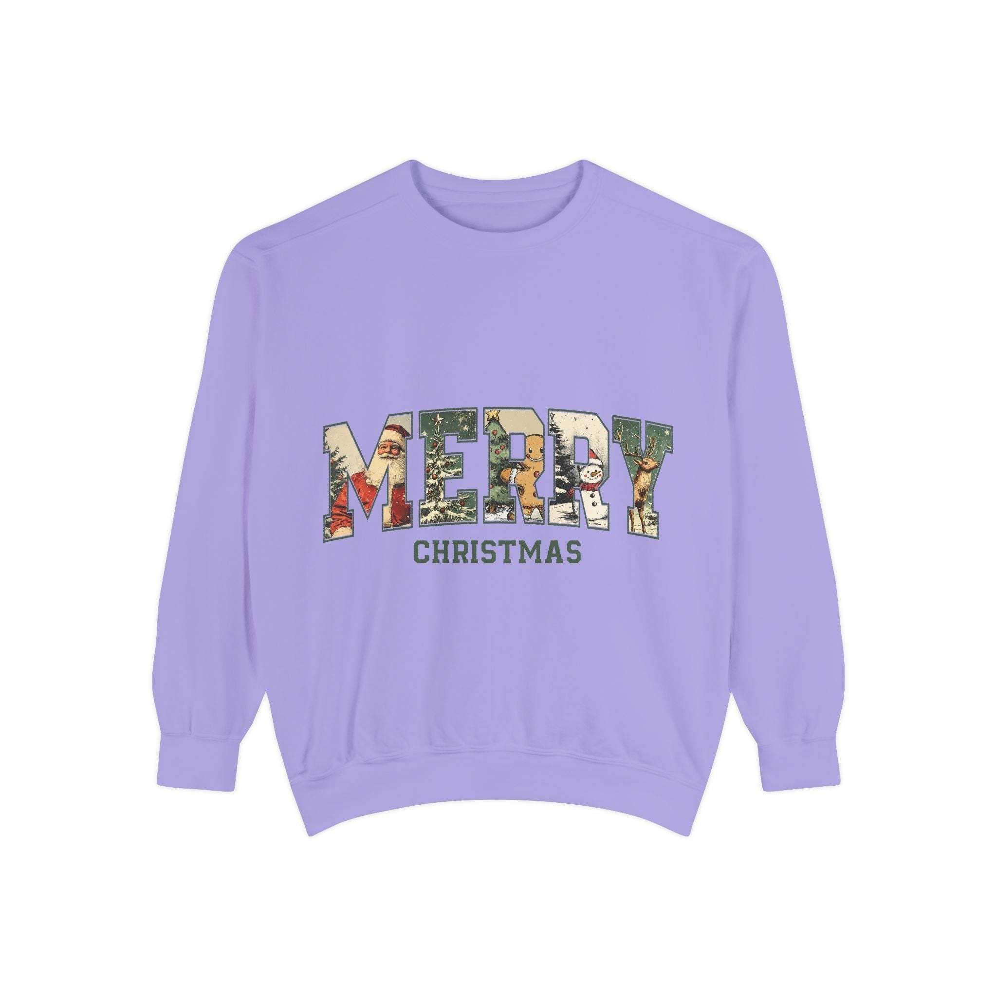 White vintage varsity Merry Christmas sweatshirt by Printify, featuring festive holiday lettering
