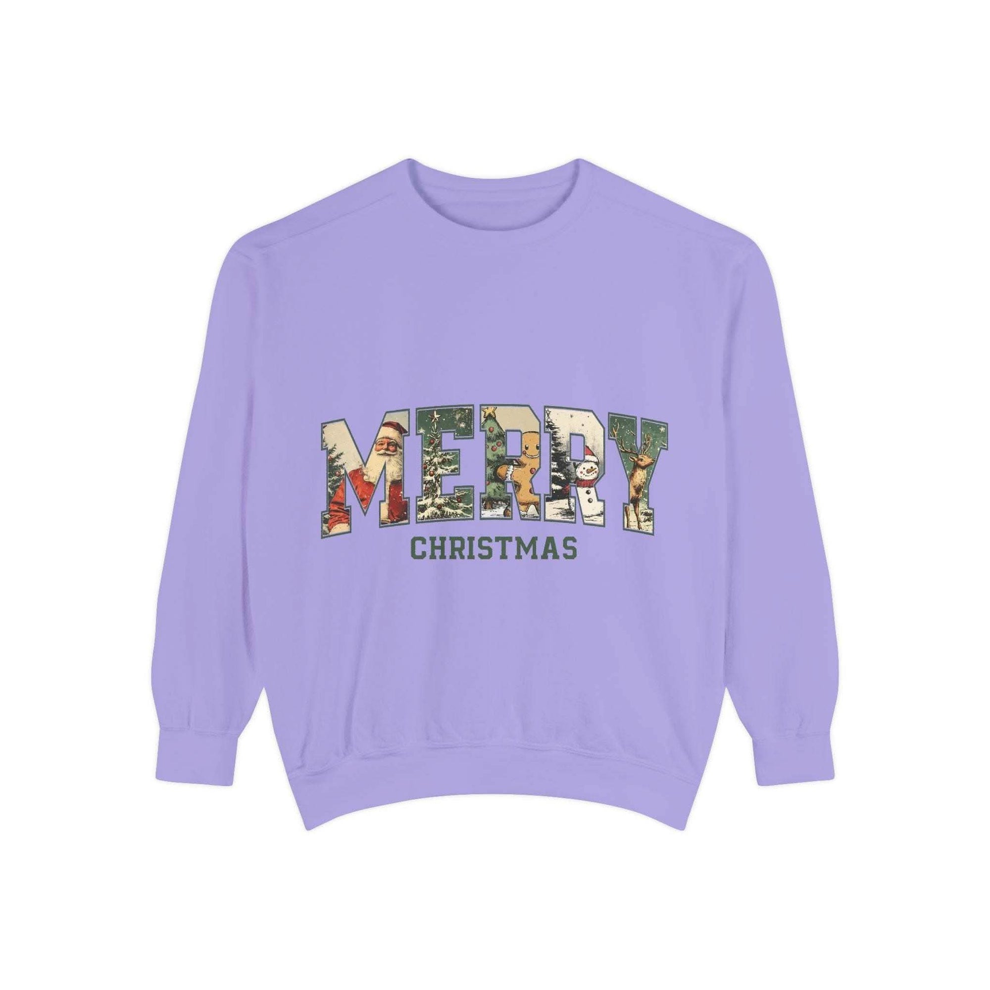 White vintage varsity Merry Christmas sweatshirt by Printify, featuring festive holiday lettering