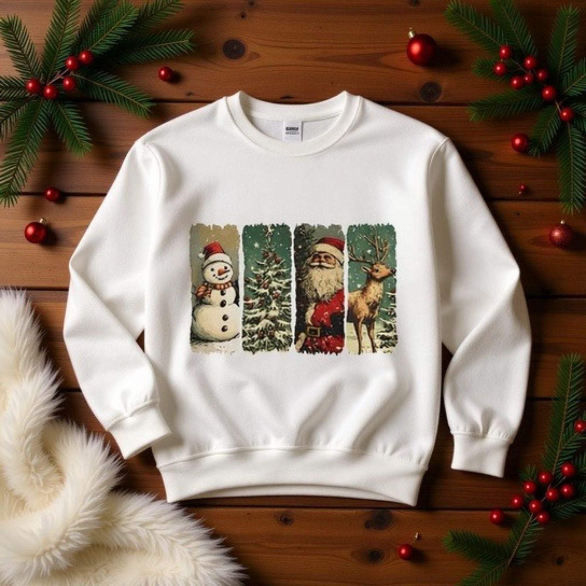 White vintage Christmas sweatshirt with watercolor snowman, Christmas tree, Santa, and reindeer designs on front