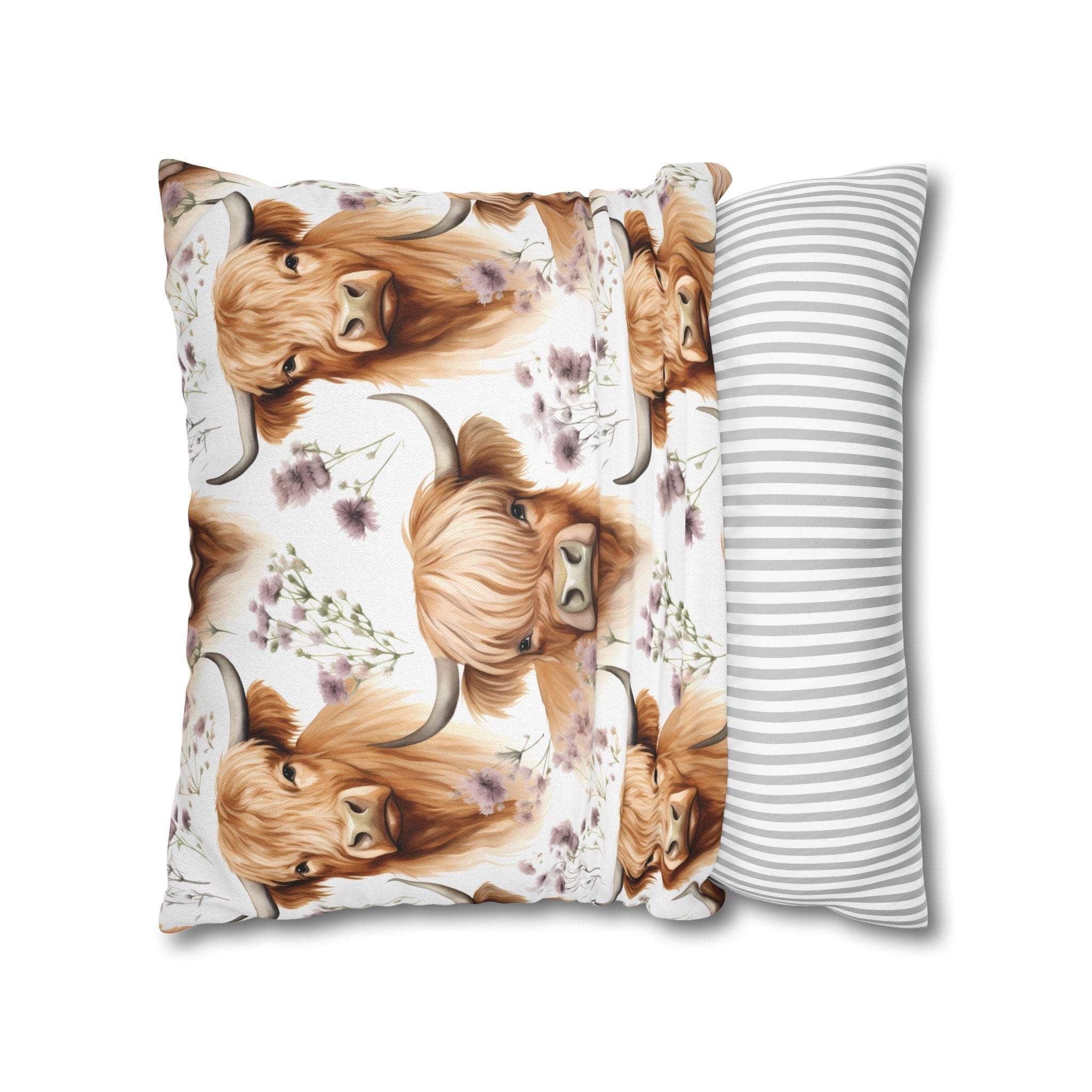Floral Highland Cow square pillowcase with floral and rustic farmhouse design