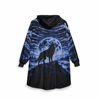 Blue wolf all over print hooded blanket with kangaroo pocket and soft polyester fleece