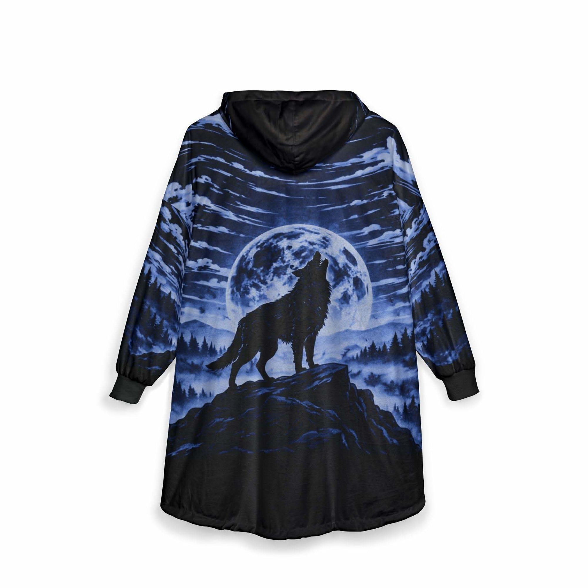 Blue wolf all over print hooded blanket with kangaroo pocket and soft polyester fleece