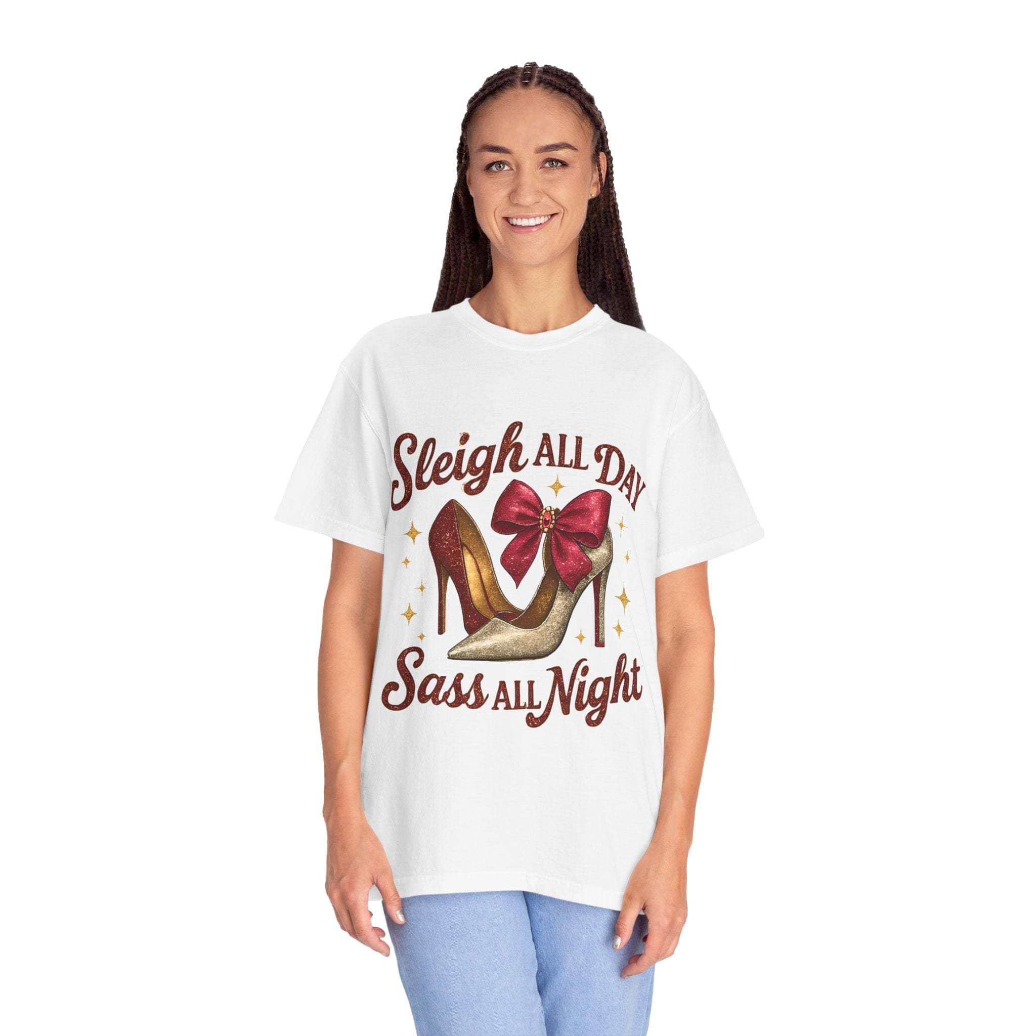 Woman wearing white Sass All Night T-shirt with high heel shoes and festive bow design