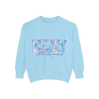 Light blue sweatshirt with iridescent Merry Christmas design, cozy holiday apparel