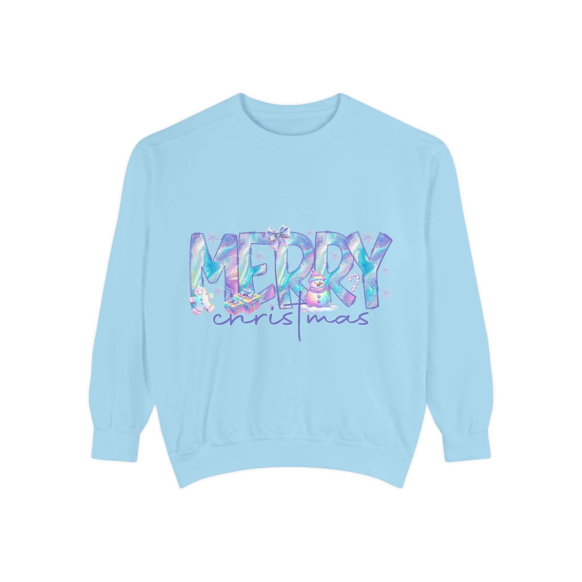 Light blue sweatshirt with iridescent Merry Christmas design, cozy holiday apparel