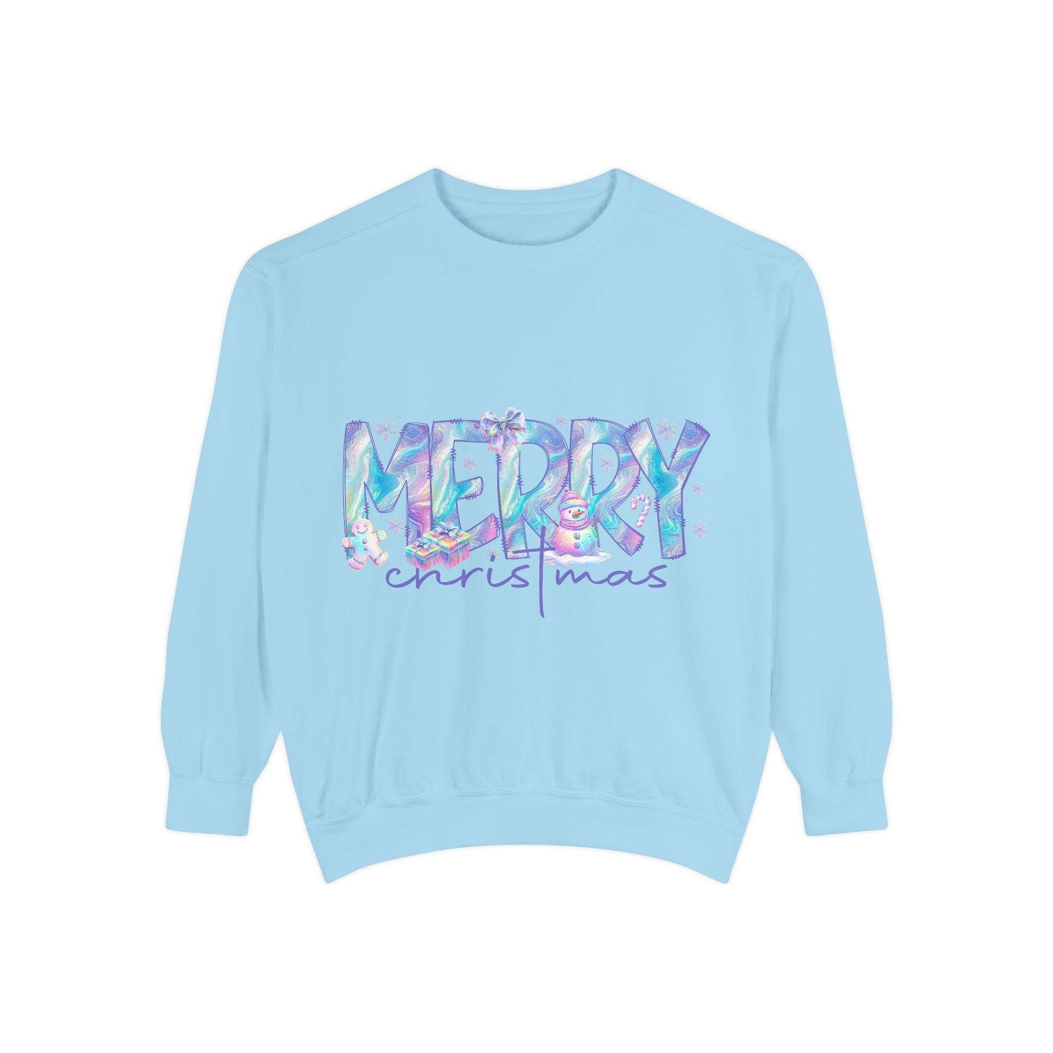 Light blue sweatshirt with iridescent Merry Christmas design, cozy holiday apparel