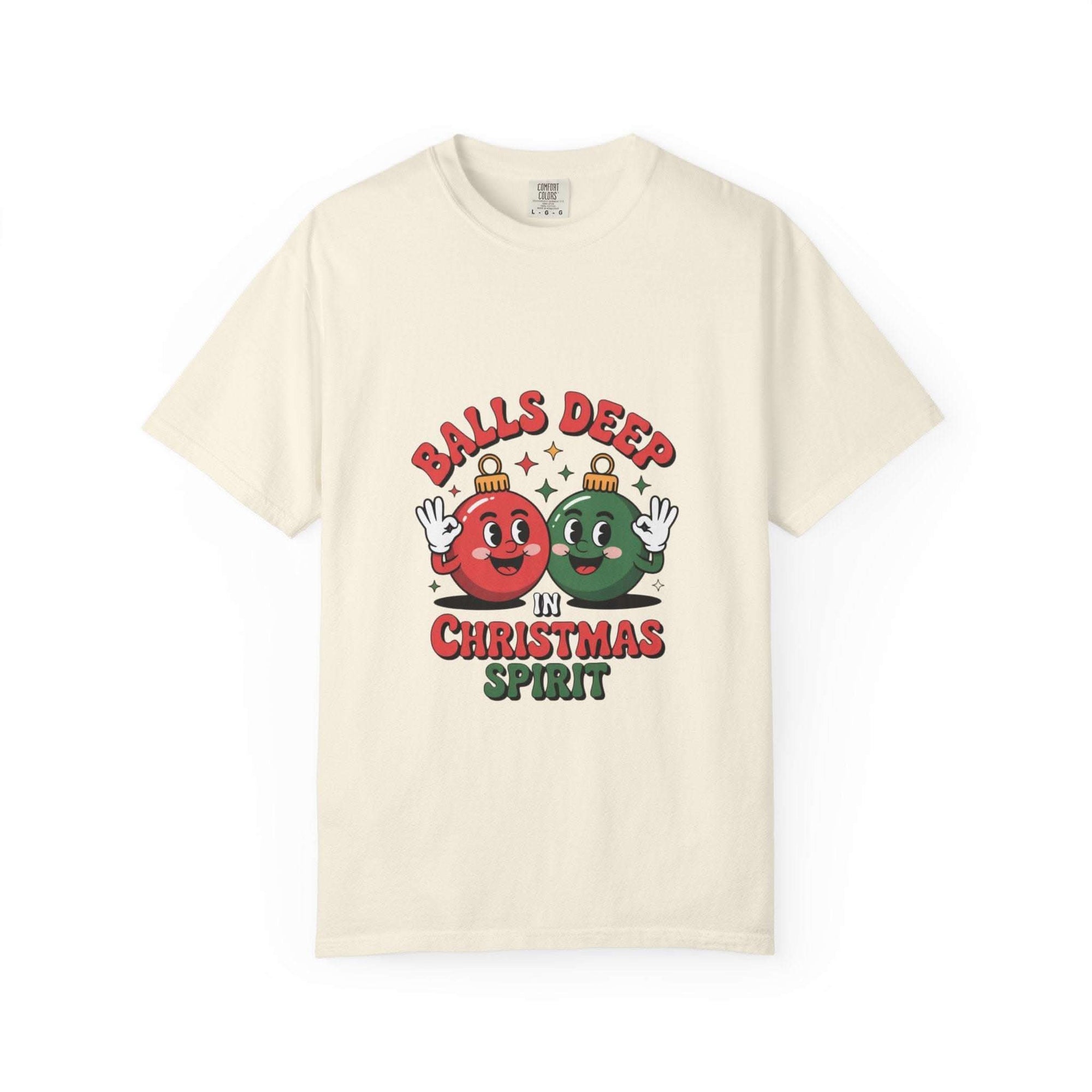 White t-shirt featuring 'Balls Deep In Christmas Spirit' design, perfect for festive humor, by Printify