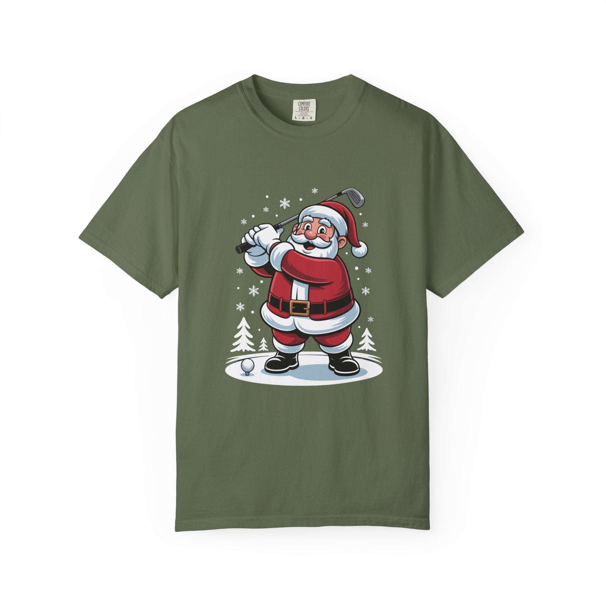 True Navy unisex t-shirt featuring Santa golfing design, perfect for festive and funny Christmas occasions by Printify
