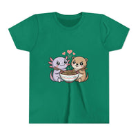 Cute kawaii animal kids shirt with axolotl and otter eating ramen on lightweight cotton tee